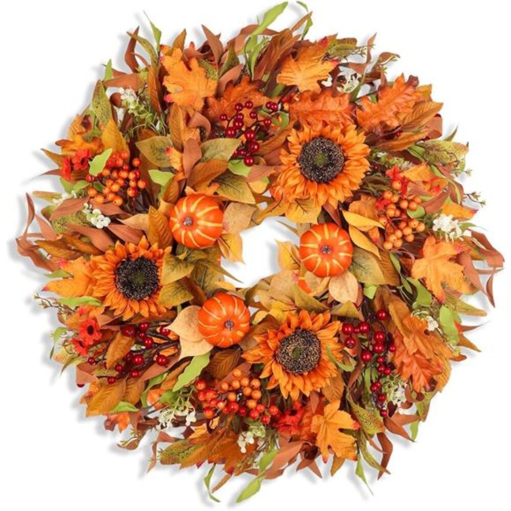 24" Fall‎ Wreaths for Front Door, Autumn Wreath with Pumpkins, Sunflowers,